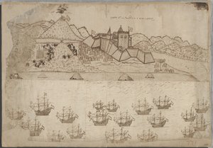 Gezicht op het fort en de rede van Elmina door Hans Propheet
